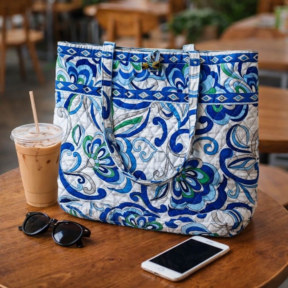 Vera Bradley White Mediterranean (2008) Tote Purse Tortoise Shell Toggle 13”x14”